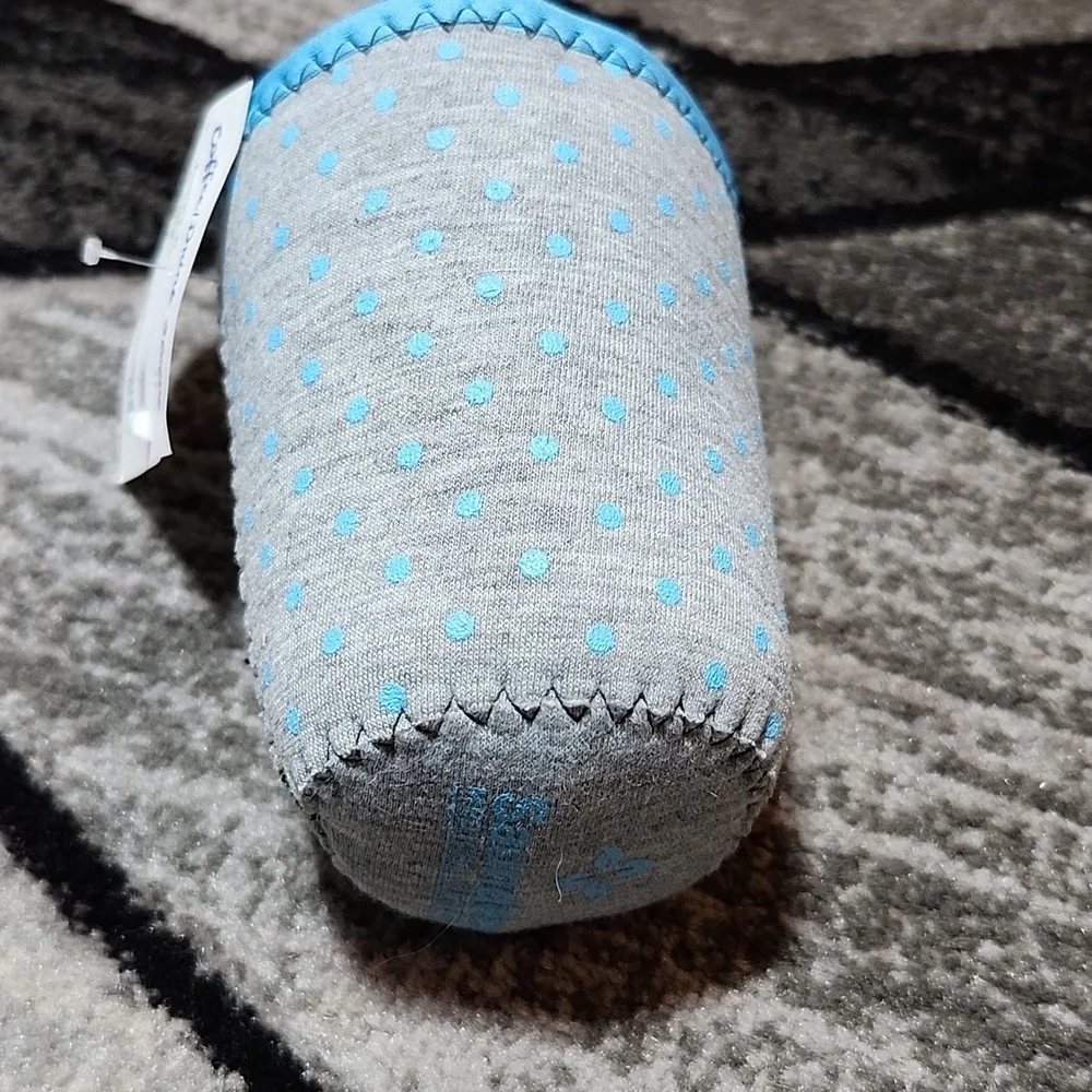 SAUNDERS REUSABLE SMALL COFFEE CUP/DRINK COZY SLEEVE GRAY & BLUE POLKA-DOT